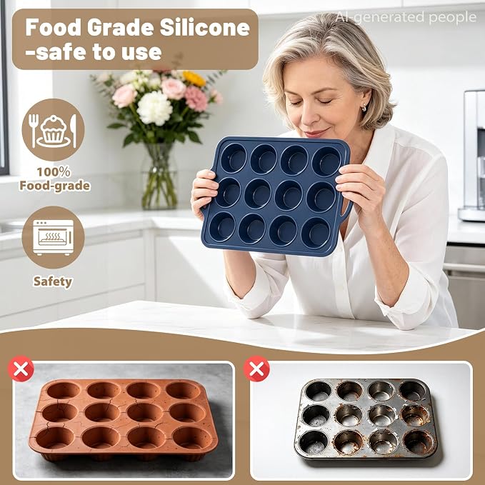 2 Pack Silicone Muffin Pan 12 & 24 with Frame Non Stick Cupcake Baking Tin | Silicone Mini Cupcake Pan with Handles, BPA Free Silicon Regular Muffin Tin Tray Small for Baking, Egg Bites Mold Vnray Grey