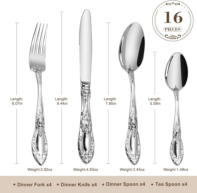 OSVSEE Vintage Silverware Set, 18/10 Stainless Steel Flatware Set for 4 | Heavy Duty Flatware with Royal Palace Handles, Mirror Polished Cutlery, Dishwasher Safe Silverware for Weddings & Gift Giving