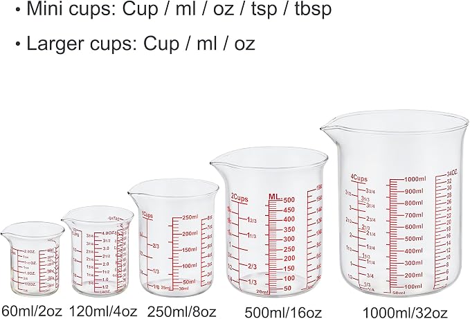 Ackers High Borosilicate Glass Measuring Cup Set with Pour Spout,60ml(2OZ),120ml(4OZ), 250ml(8OZ), 500ml(16OZ), 1000ml(32OZ) Glass Measuring Beaker for Kitchen or Restaurant, Easy to Read