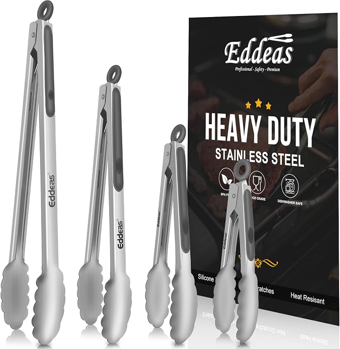 EDDEAS Tongs For Cooking - Heat Resistant 600 Degrees Metal Kitchen Tongs, Heavy Duty Stainless Steel Tongs - Perfect for Food, BBQ Set of 4, 7-9-12 &14 inch Grey