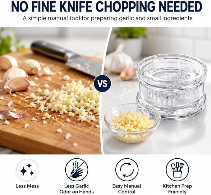 2PCS Clear Manual Garlic Twister, Manual Garlic Crusher, Garlic Chopper, Garlic Mincer, Garlic Grinder, Hand Twist Garlic Press for Garlic, Ginger, Onion, Herbs, Nuts