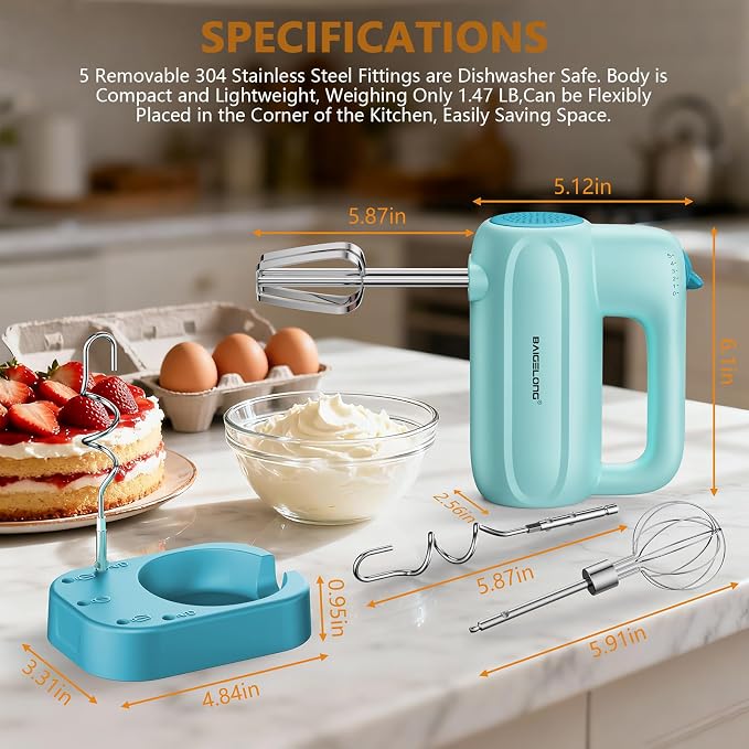 BAIGELONG Hand Electric Mixer, 5-Speed KitchenMixer with 5 * 304 Stainless Steel Attachments + Storage Base, Food Handheld Mixer for Baking, Whipping Cream, Cake Mixing, Blue