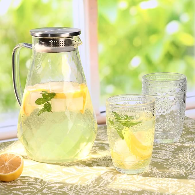 abrwyy Clear Glasses Drinking Set, 14oz Water Glasses, Vintage Glassware | Dishwasher Safe, Non-Slip, Lead-Free Glass, Home Decoration