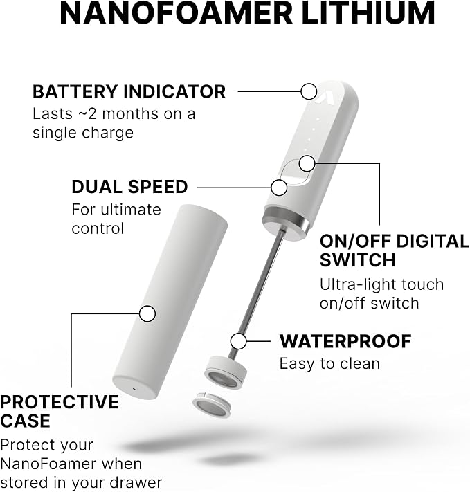 Subminimal NanoFoamer Milk Foamer - Rechargeable Handheld Frother - White | Waterproof frother with rechargeable lithium battery, microfoamed milk in 30 seconds, barista-style coffee drinks at home