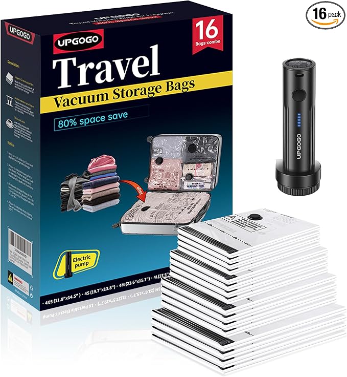 UPGOGO Travel Vacuum Bags for Luggage with Portable Electric Pump,Vacuum Seal Bags for Clothing,Packing Cubes Compression,Cruise Ship and Travel Essentials(Combo 16 Pack)
