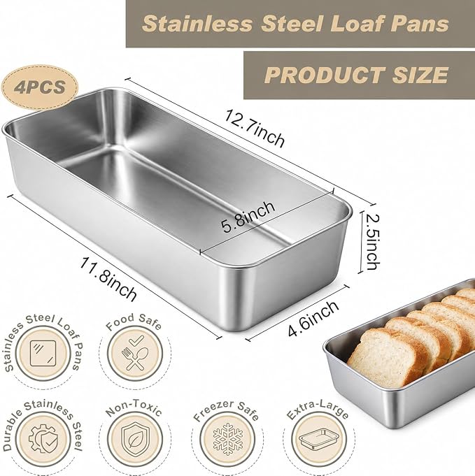 4 Pack Stainless Steel Loaf Tins with Lids, 12.7 x 5.8 Inch Bread Pans | For baking bread, cakes, brownies, lasagna and meatloaf. Suitable for homemade recipes, meal prep and everyday kitchen use.
