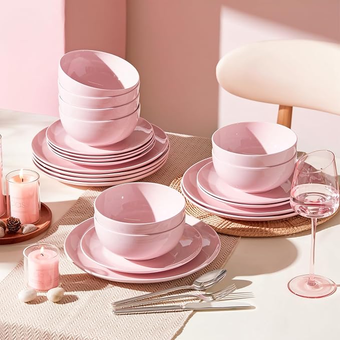 18-Piece Bone China Dinnerware Set for 6, Sakura Pink | Lightweight Porcelain | Round Plates & Bowls | Scratch Resistant | Durable Ceramic | Microwave & Dishwasher Safe