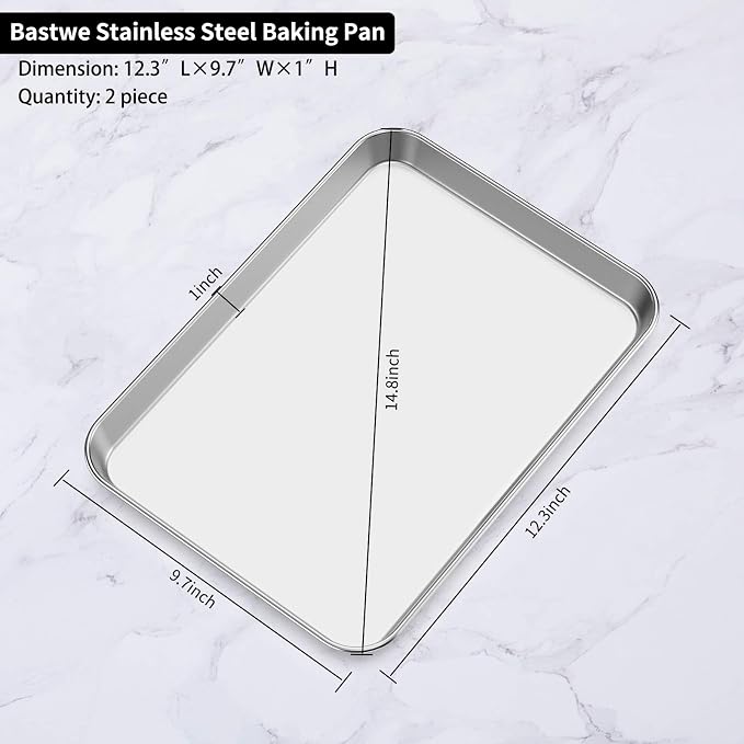 Baking Sheets 2 Pieces, Bastwe Cookie Sheets Set Stainless Steel Baking Pans Toaster Oven Tray Pans, Rectangle Size 12 × 10 × 1 inch, Rustproof & Healthy & Easy Clean & Dishwasher Safe