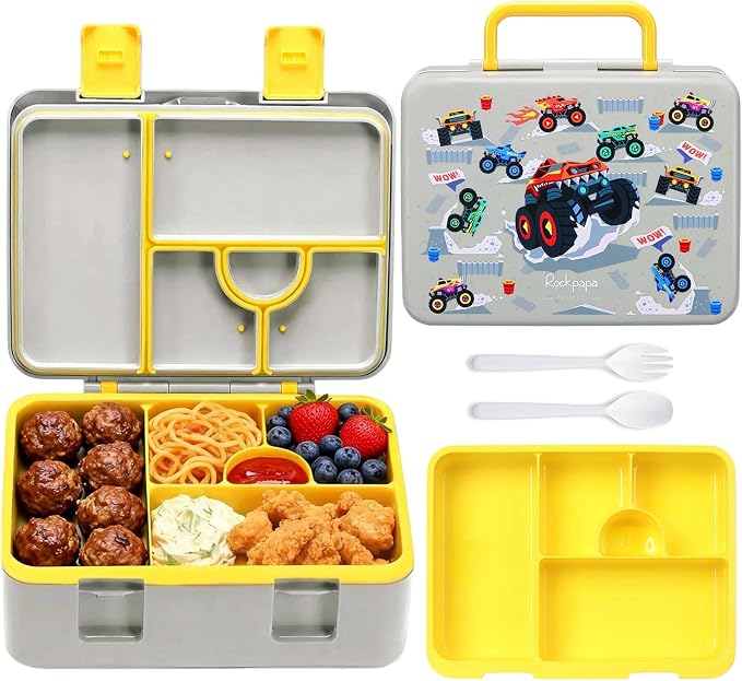 rockpapa Bento Box for Kids - Large 5.5 Cups Lunch Box with Utensils - 5 Compartments, BPA-Free, Leak Proof, Portable Handle for Boys Girls, Microwave/Dishwasher Safe (Grey Trucks)