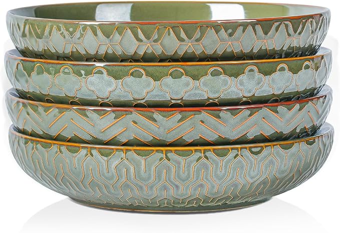 Sureasy 9.7" Pasta Bowls Set of 4, 42 oz Large Salad Bowls for Kitchen, Embossed Ceramic Serving Bowls for Fruits, Soup, Pasta and Salad, Microwave & Dishwasher Safe, Green