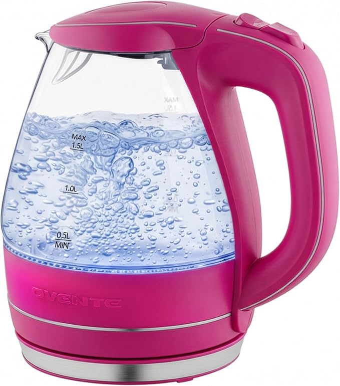 OVENTE 1.5L Glass Electric Kettle Water Boiler, Pink KG83F | 1100W Fast Boiling, Borosilicate Glass, BPA-Free, Blue LED, Auto Shut-Off, Boil-Dry Protection, Removable Filter, 360° Base
