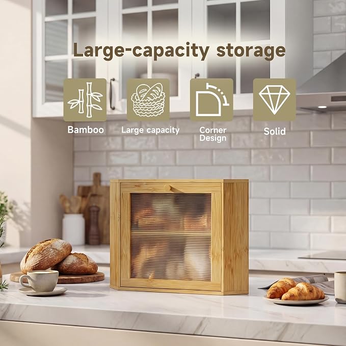 Bread Box for Kitchen Corner Countertop,Large Bread Basket (Natural,Large) | Double Layer Bamboo Bread Storage Container for Kitchen Countertop,Height Adjustable