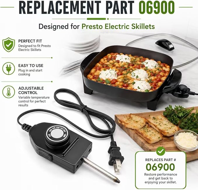 06900 Temperature Control Thermostat Cord for Presto Electric Griddles | Fits skillets, grills and frypans with 1-3/8" probe spacing; adjustable heat control reaches up to 400°F