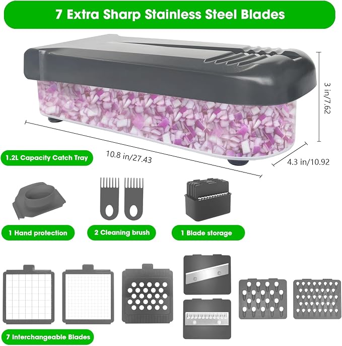 Vegetable Chopper with Container, 10 in 1 Manual Food Chopper Cutter, Grey | Multifunctional Sharp Blades Dice, Slice, Shred & Grate for Onions, Salads, Fruit at Home Kitchen for Various Use