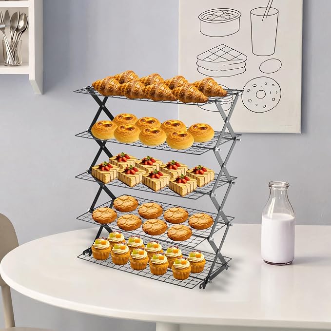 5-Tier Stackable Cooling Rack for Baking, Collapsible Wire Cookie Rack with Adjustable Heights, Non-Stick Roasting & Drying Rack for Cupcakes, Pies and Pastries, Space-Saving Kitchen Essential