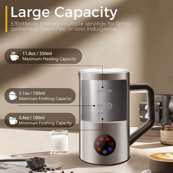 Milk Frother and Steamer, 6 in 1 Milk Steamer and Milk Warmer, 17oz Auto Shut Off Electric Frother with Touch Screen, Hot/Cold Foam Maker for Coffee, Latte, Cappuccino, Hot Chocolate, (Silver)