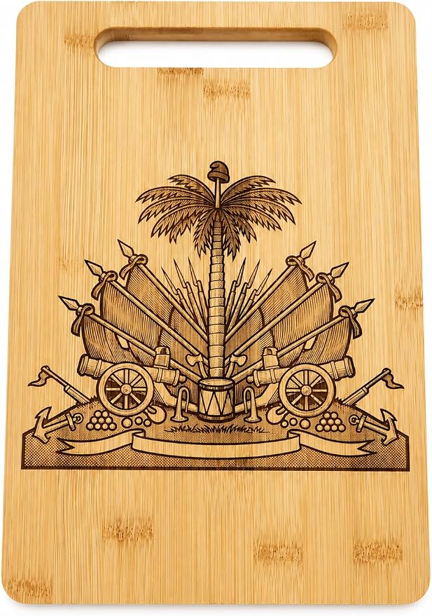 Laser Engraved Haitian Coat of Arms Bamboo Cutting Board | Haitian Flag Symbol, Laser Engraved, Built-in Handle, Bamboo Material, Kitchen & Serving