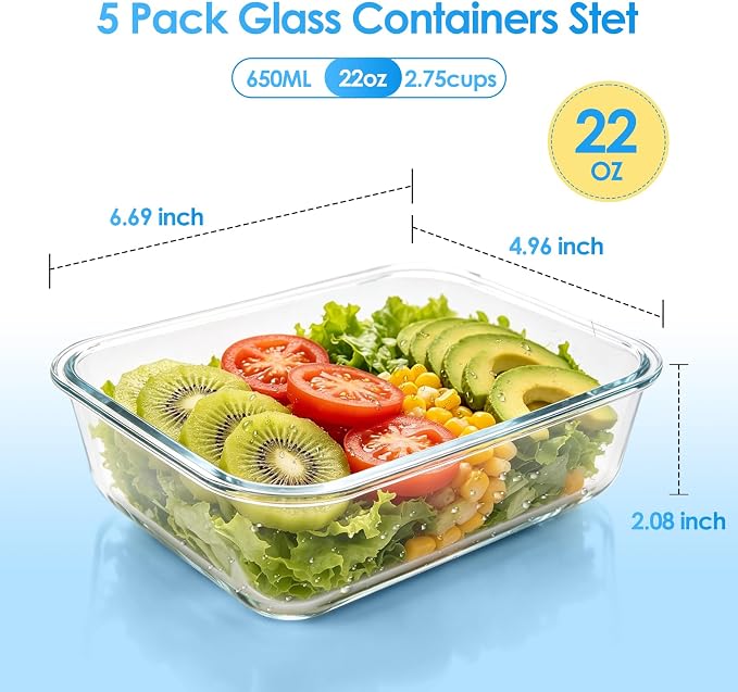 5 Pack 22 oz Glass Food Storage Containers with Lids, Grey | Glass Meal Prep Food Container Sets, Snap Airtight Lid, For Microwave, Oven, Freezer and Dishwasher, BPA Free