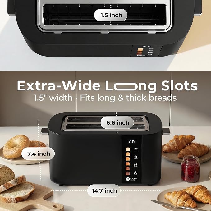 Balter Toaster 4 Slice Wide Slot, Bagel Function, Long Slot, Stainless Steel, Touch Screen, Built-in Rack, Extra-Wide 1.5" Slots for Thick Breads & Bagel, Timer, BPA-Free, Removable Tray, Black