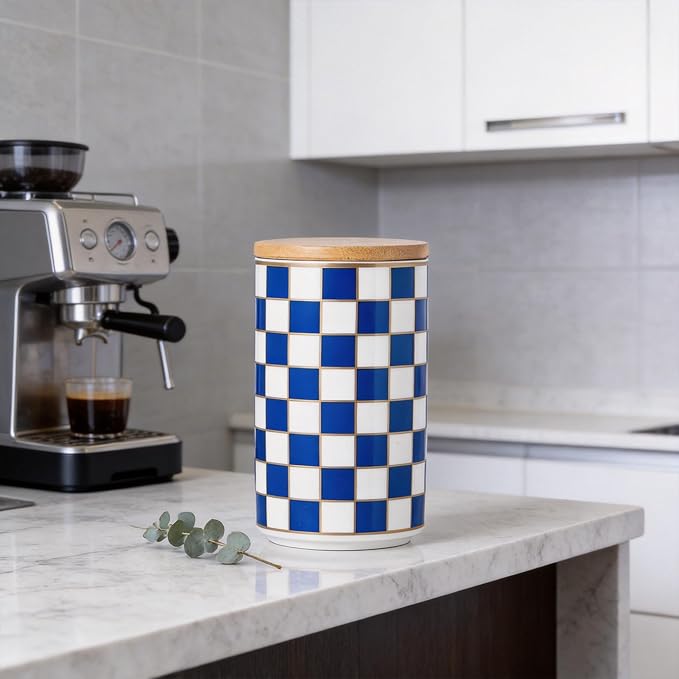 Kitchen Countertop Ceramic Checkered Canisters,Black And White Food Storage Containers With Lid,Airtight Kitchen Canisters for Flour, Sugar, Coffee, Tea, and Dry Goods (Blue, Large)