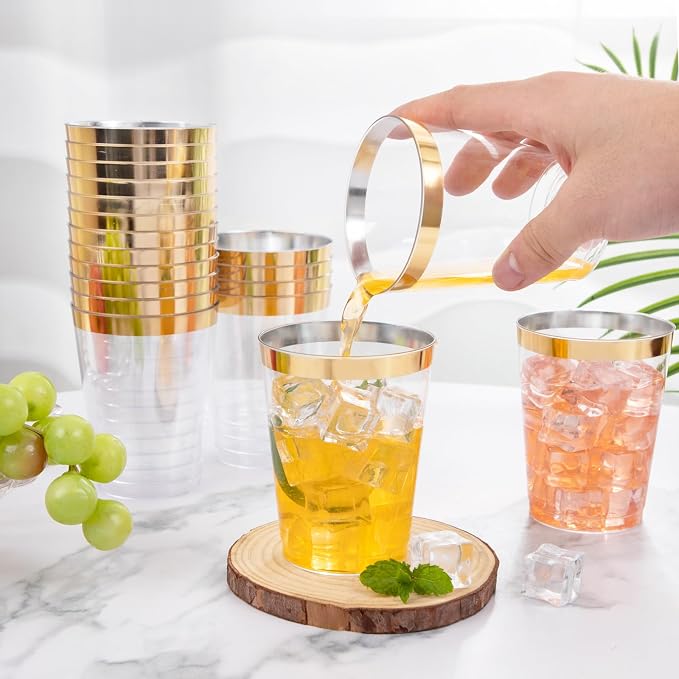 I00000 60PCS Gold Plastic Cups, 10 oz Clear Disposable Cups with Golden Trim, Heavy-Duty Disposable Hard Plastic Wine Glasses Cocktail Glasses Perfect for Wedding & Party