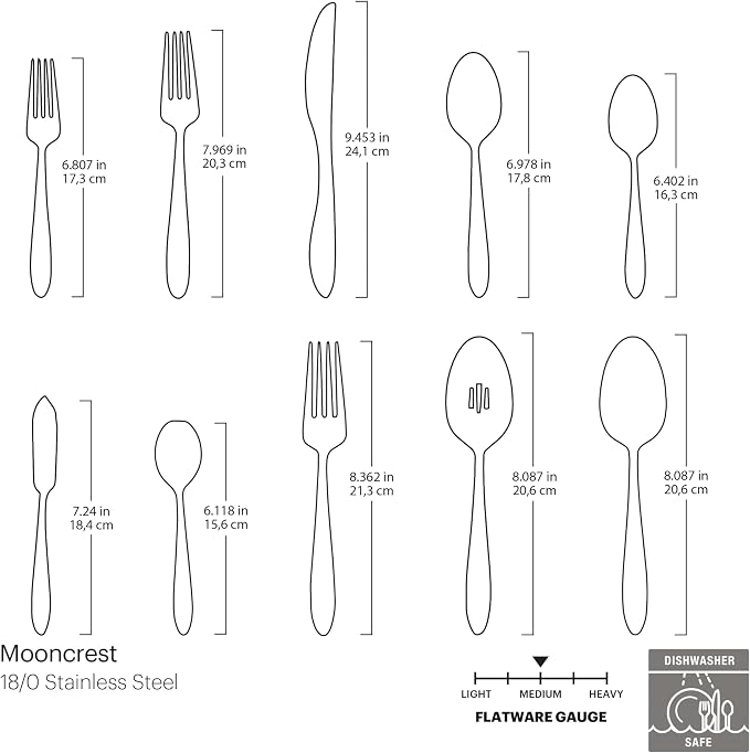 Oneida Mooncrest 45-Piece 18/0 Silverware Set for 8, Flatware | mirror finish, dishwasher safe | includes serving spoons and utensil set | cutlery set, wedding silverware