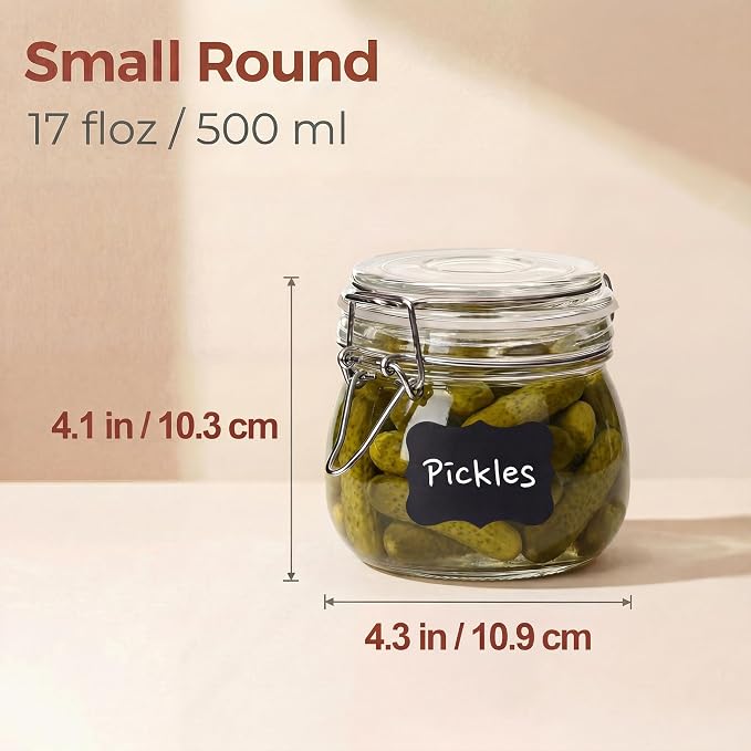 17 oz Round Glass Jars with Airtight Lids, 6 Pack Mason Jar with Clamp Lids | Air Tight Glass Food Storage Containers with Lids Keep Food Dry & Fresh, Best Canister for Flour, Sugar, Cereal, Rice, Coffee