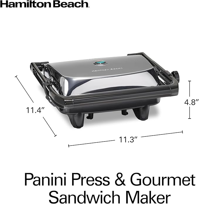 Hamilton Beach Panini Press, Sandwich Maker & Electric Indoor Grill | Floating Hinge Evenly Cooks Any Sandwich | Locking Lid | PFAS-Free Non-Stick 8" x 10" Grids | Chrome
