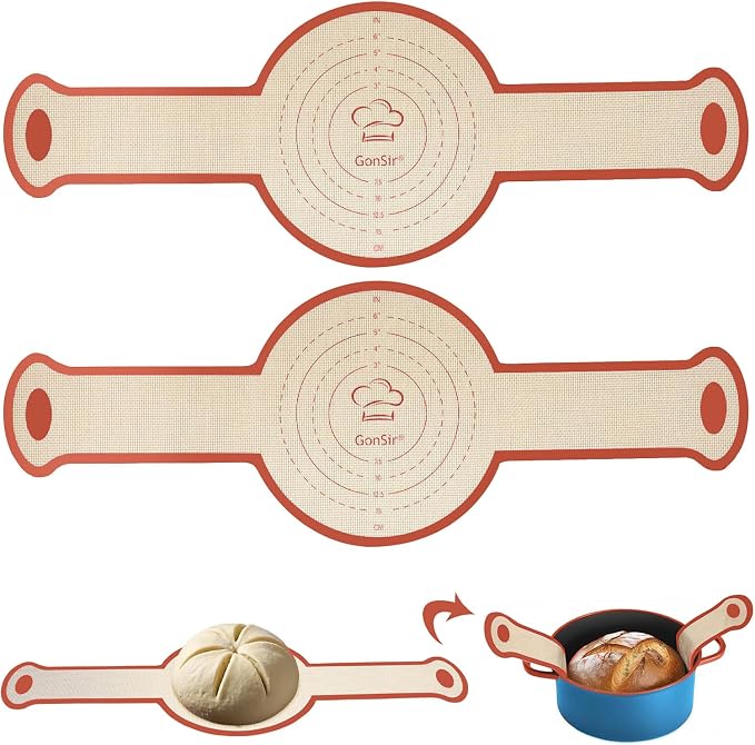 Silicone Bread Sling, 2Pcs Silicone Baking Sling with Longer Handles, Non-Stick & Easy Clean Dutch Oven Baking Mat to Transfer SourDough Easily, Reusable Bread Mat Set