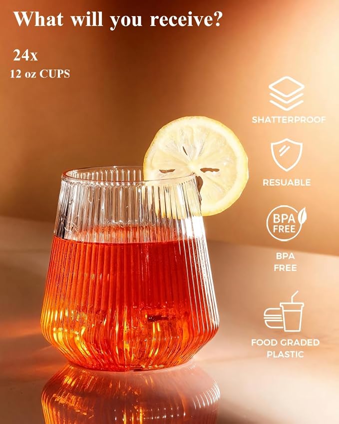 BESTSTAR 48 Pack Clear Disposable Ribbed Origami Ripple Plastic Glasses Set | 24 9OZ Stemless Champagne Flutes & 24 12OZ Cups, BPA-Free Shatterproof Clear Drinkware for Weddings, Parties & Events
