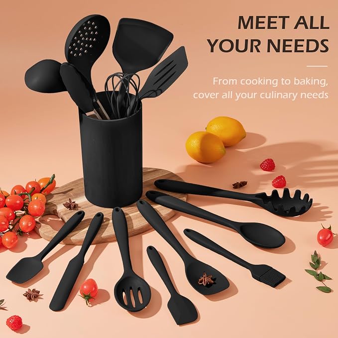 Homikit Silicone Cooking Utensil Set, 15pcs Kitchen Utensils with Holder | Black Silicone Spatula Set for Nonstick Cookware, Heat Resistant up to 446ºF, Nontoxic Baking Kitchen Tools, Dishwasher Safe