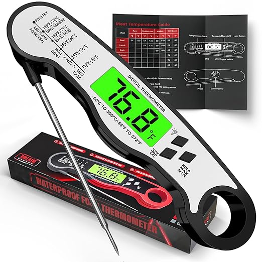 AWLKIM Meat Thermometer Digital, Instant Read Food Thermometer, Black | Waterproof cooking thermometer with doneness chart, backlight, F/C switch for BBQ, candy, oil