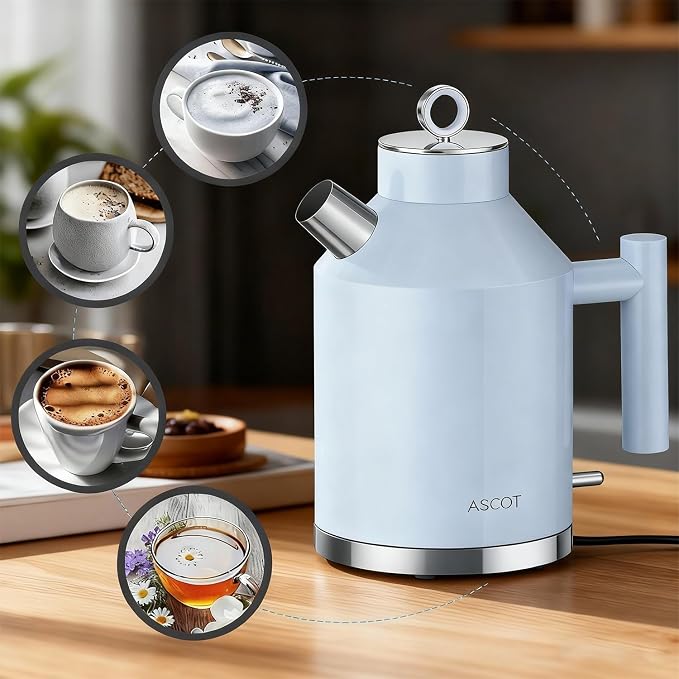 ASCOT Electric Kettle, 1.5L Stainless Steel Interior, Plastic-Free, 1500W Fast Boil, Retro Design, Auto Shut-Off & Boil-Dry Protection, Light Blue