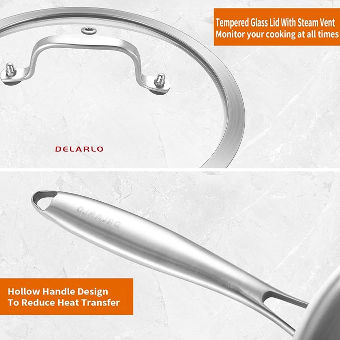 DELARLO Whole Body Tri-Ply Stainless Steel Wok 9.45 inch, Deep Kitchen Stir-Fry Pan, Small Wok Pan with Lids, Induction Mini wok, Suitable for All Stove, Up to 600℉, Detachable Handle
