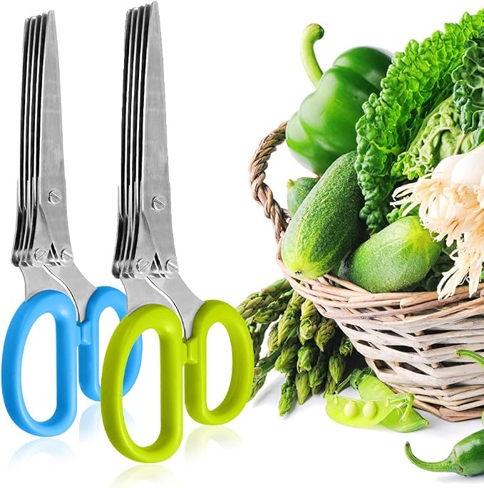 SourceTon 5-Blade Herb Scissors 2 Pack - Heavy Duty Kitchen Shears with Cleaning Brush, Multipurpose Stainless Steel Scissors for Cooking, Crafting, Gift (Ergonomic Left/Right Hand Design)