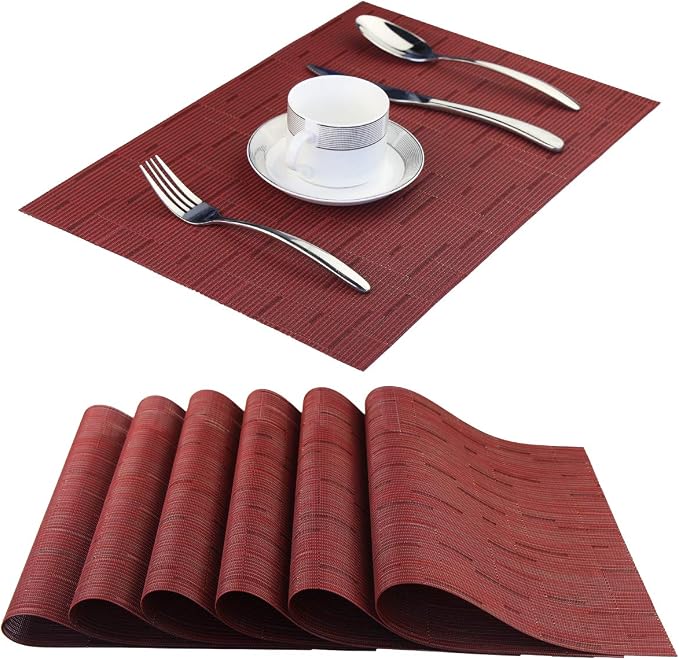Plastic Placemats,Non Slip Washable Placemats for Dining Table Wipe Clean Table Mats Set of 6 (Burgundy Red)