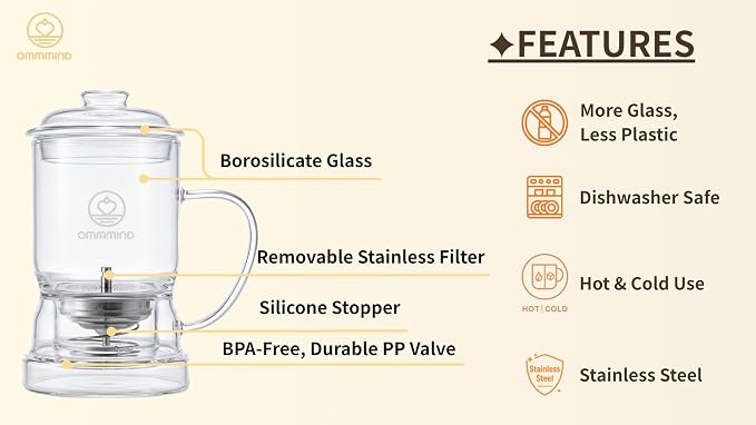 Glass Tea Infuser, Easy Drain for Loose Leaf, 15.2 oz, Clear | Fits rims under 3.15 in; set on mug to drain, lift to stop, helps limit bitterness. Dishwasher safe; tea bags, herbs, coffee