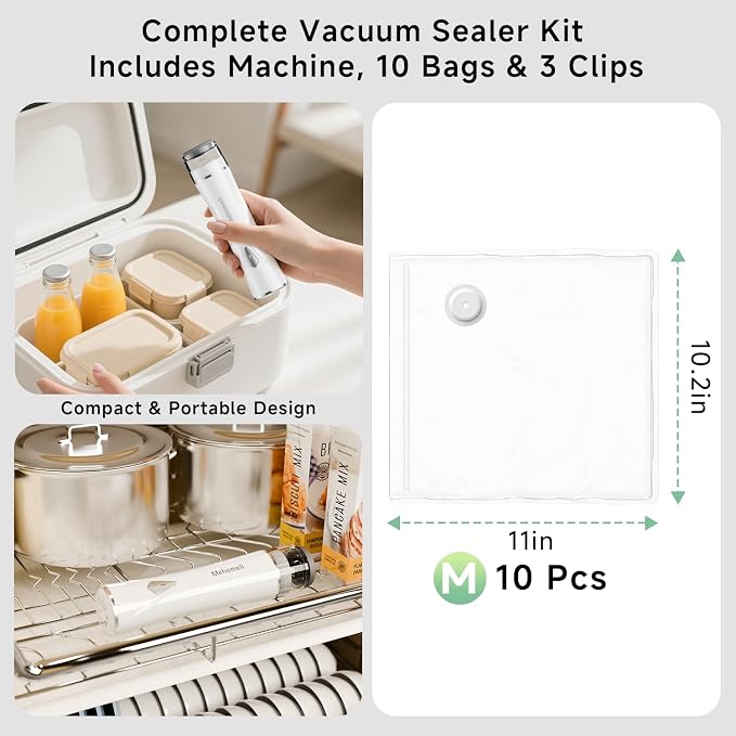 Compact Handheld Vacuum Sealer for Food with 10 Reusable Bags | Powerful 60 kPa suction, Keeps food fresh up to 6X longer, Cordless handheld design, Ideal for meal prep and food storage