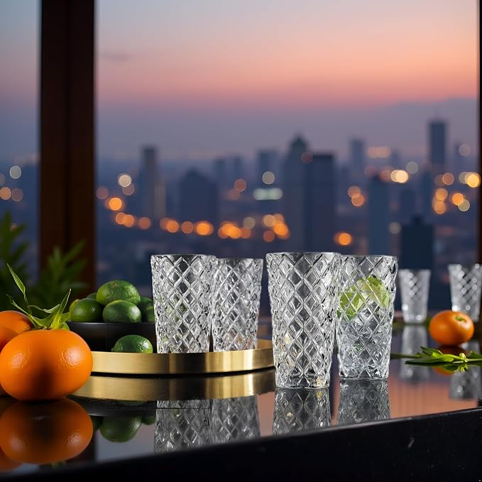 Glaver's Drinking Glasses Set of 4. Tall Highball Glasses. 14oz. Textured Diamond Cut Elegant Drinking Glass Cups- Kitchen Glassware for Water, Iced Tea, Juice, Cocktail.