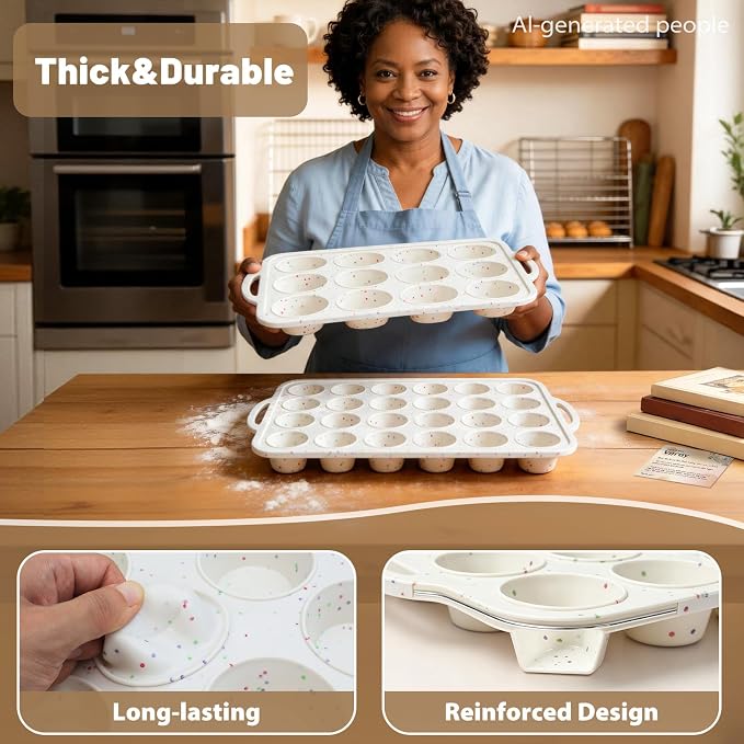 Silicone Mini Muffin Pan Set: 12 & 24 Small Cupcake Baking Pan with Frame | Easy Release - Complete Shaping Each Use Avoid Re-baking - BPA-free Muffin Trays Reinforced Frame for Oven Home Bakers Vnray