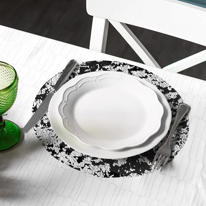 comfoyar Disposable Black Placemats Set of 50, Metallic Round 13 Inch Foil Mesh Pressed Doilies Place Mats, Table Mats for Dining Party Weddings Birthday Holiday Kitchen Home, Tableware Decoration