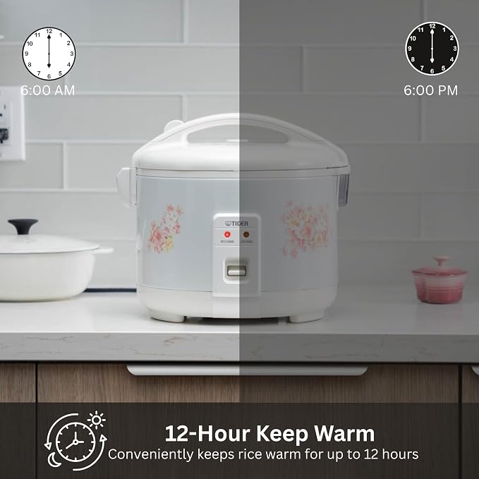 Tiger JNP-1800-LF 10 Cup Capacity White Rice Cooker with Non-Stick Inner Pot, Retractable Power Cord, and Keep Warm up to 12 hours (Flower)