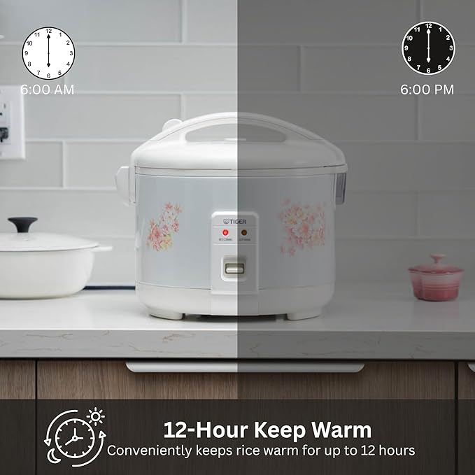 Tiger JNP-1500-LF 8 Cup Capacity White Rice Cooker with Non-Stick Inner Pot, Retractable Power Cord, and Keep Warm up to 12 hours (Flower)