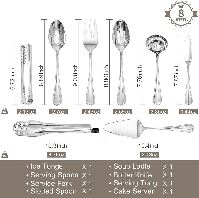 8-Piece Teardrop Serving Utensils Set, 18/10 Stainless Steel Utensils | Serving Utensils, Includes Serving Spoons, Forks & Tongs, Dishwasher Safe, Buffet, Catering, Wedding