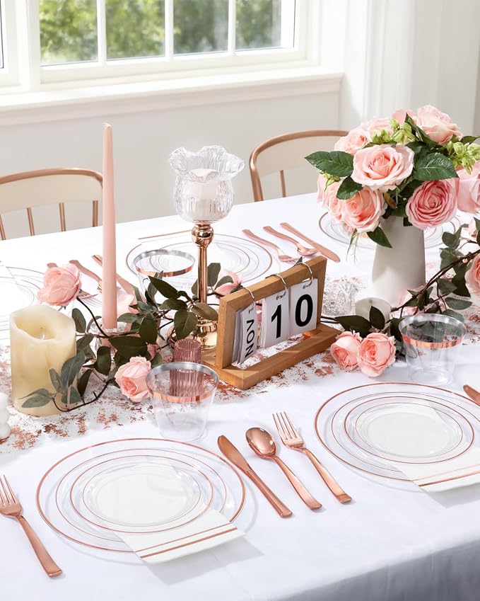 GATHER 700PCS Clear Rose Gold Plastic Plates 100 Guest for Wedding Party | Clear Rose Gold Disposable Dinnerware Set includes 200 Plates, 300 Silverware, 100 Napkins, 100 Cups for Baby Shower Birthday