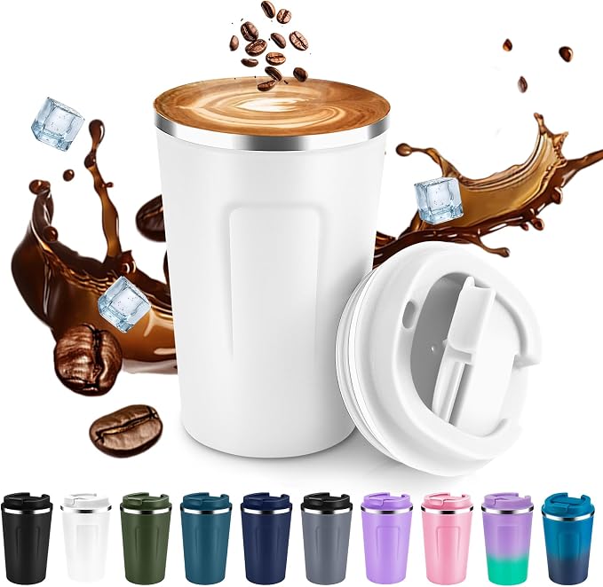 Volhoply 12 oz Double Wall Insulated Vacuum Travel Coffee Mug with Flip Lid,Reusable Stainless Steel Leak Proof Coffee Cup,Portable Iced Cafe Thermal Tumbler Suitable for Hot&Cold Drinks(White,1 Set)