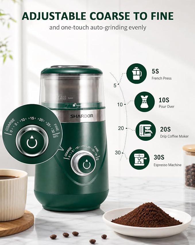 SHARDOR Electric Super Silent Blade Coffee Grinder, Timed Grind Control Rotary Knob, Adjustable Coarse to Fine for Coffee Beans, Spices & Herbs, with 2 Removable Stainless Steel Bowl, Green