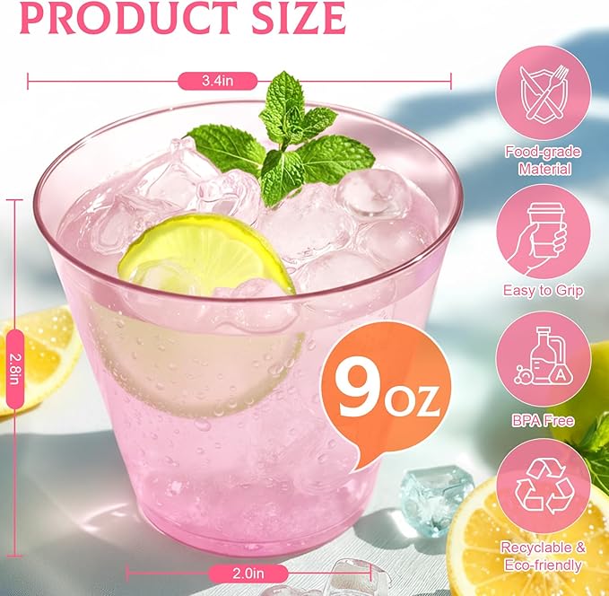 Glowserve 9 OZ Pink Disposable Plastic Cups Cocktail Cup 150 Pack | Fancy Cocktail Cup,Stemless Wine Glass,Wedding Wine Glasses,Graduation Birthday,World Cup,Party Essentials