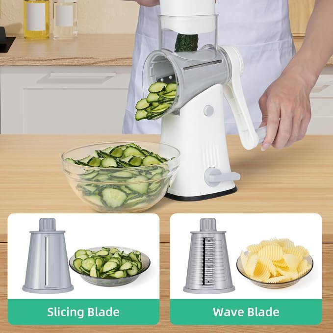 Rotary Cheese Grater Hand Crank with Reinforced Suction & 5 Blade | Strong Suction Base Stays Firm, 5 Interchangeable Blades, Great for Vegetables & Nuts, Mandoline Slicer for Kitchen, White