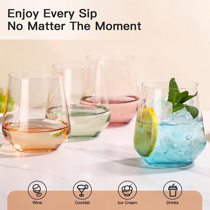 JOVGANK Colored Stemless Wine Glasses Set of 6 - Hand Blown White Red Stemless Wine Glass - 17 oz, [Lead-Free Crystal Glass] Large Short Glass Tumblers, Gift for Housewarming and Mother's Day